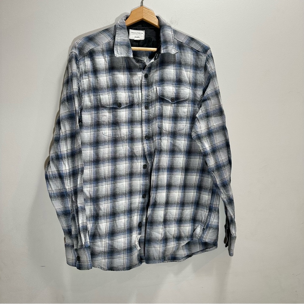 Field & Stream Flannel Shirt Mens Large Blue Plaid 100% Cotton Hunting Fishing